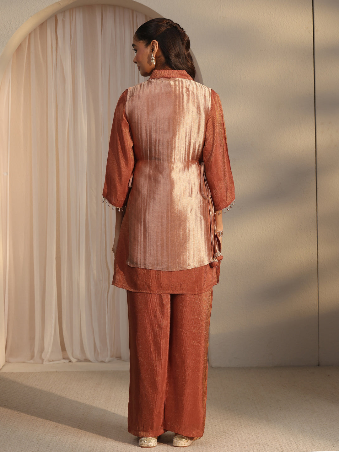  Libas Rust Brown Floral Embellished Tissue Bib Style Co-Ord Set 