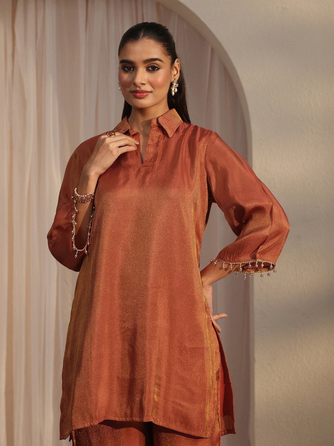  Libas Rust Brown Floral Embellished Tissue Bib Style Co-Ord Set 