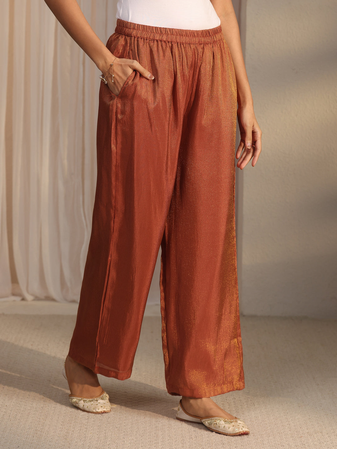  Libas Rust Brown Floral Embellished Tissue Bib Style Co-Ord Set 