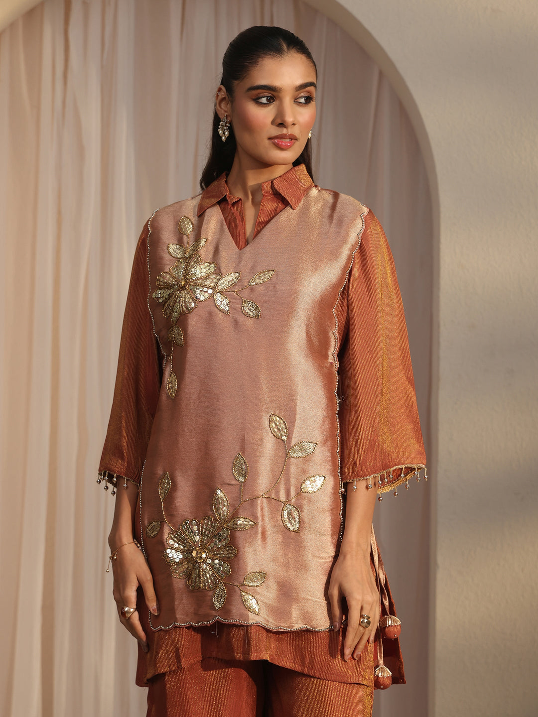  Libas Rust Brown Floral Embellished Tissue Bib Style Co-Ord Set 