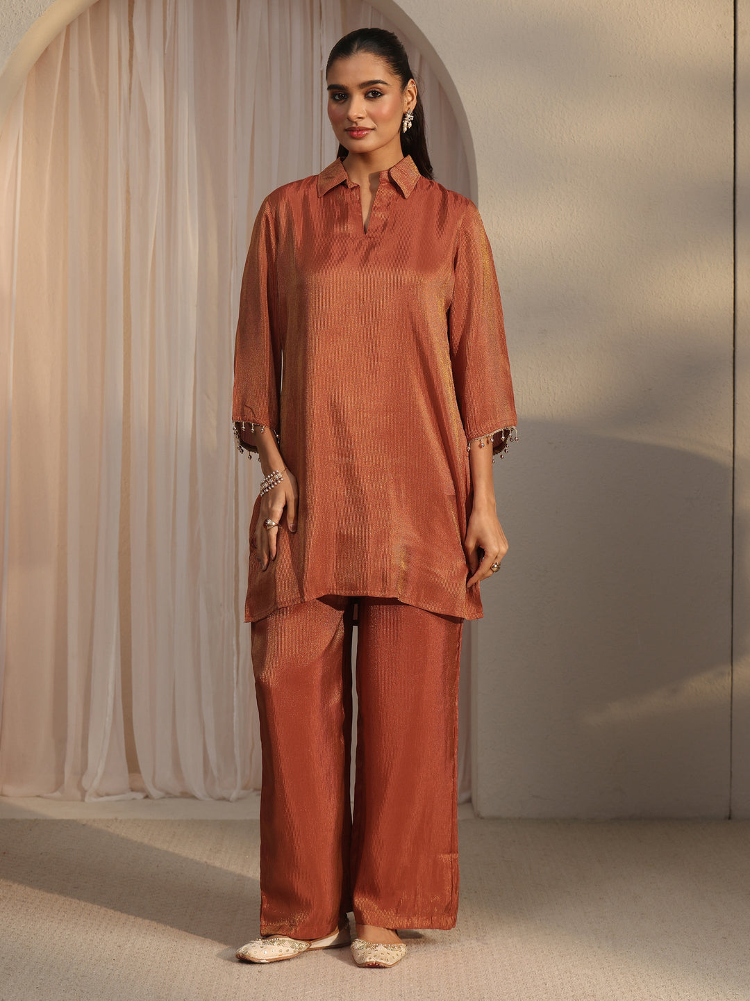  Libas Rust Brown Floral Embellished Tissue Bib Style Co-Ord Set 