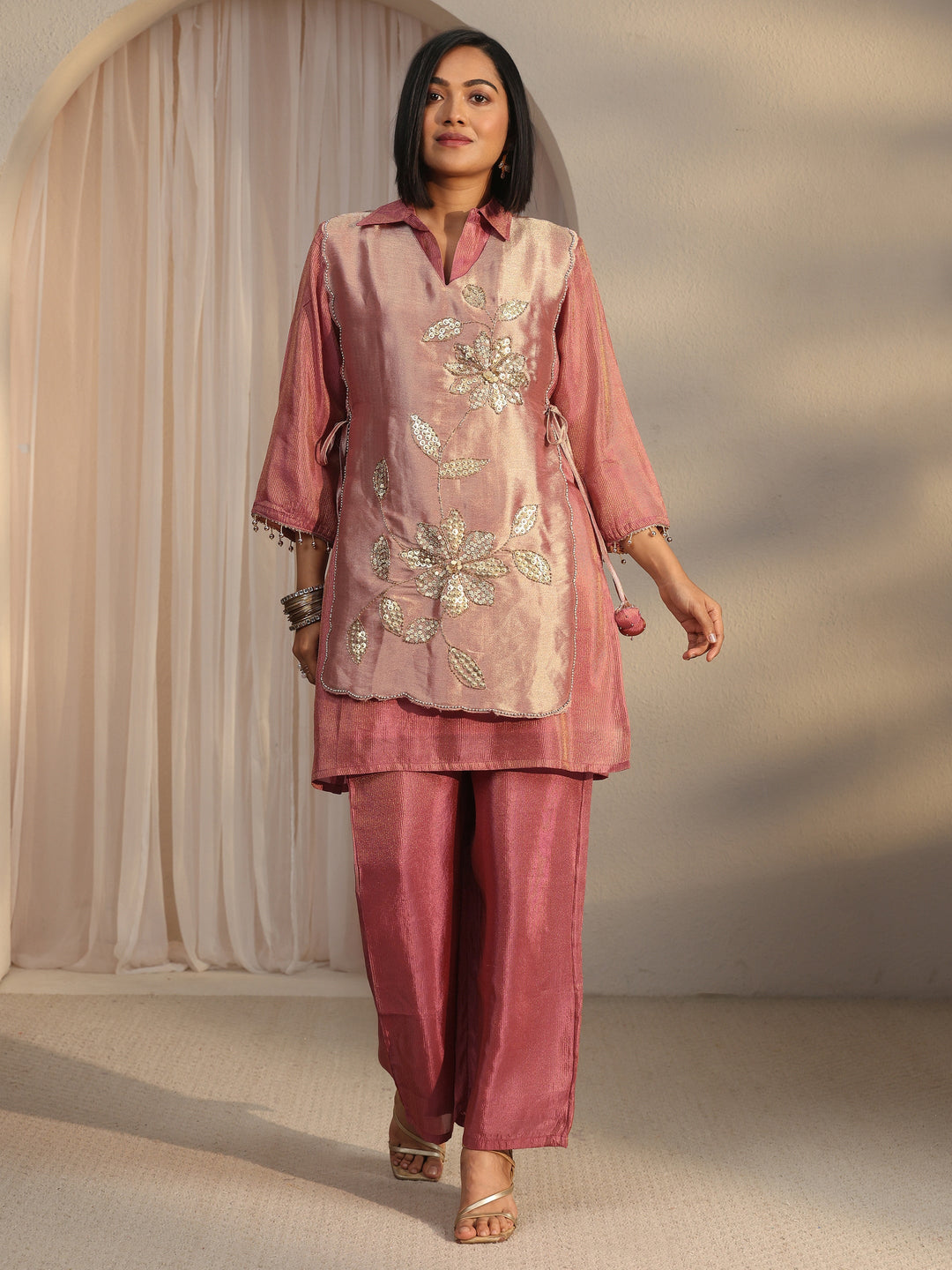  Libas Mauve Floral Embellished Tissue Bib Style Co-Ord Set 