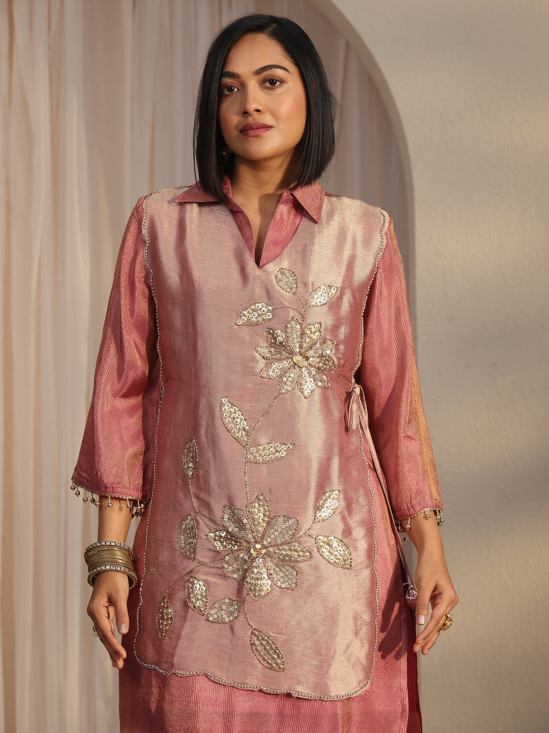 Libas Mauve Floral Embellished Tissue Bib Style Co-Ord Set 