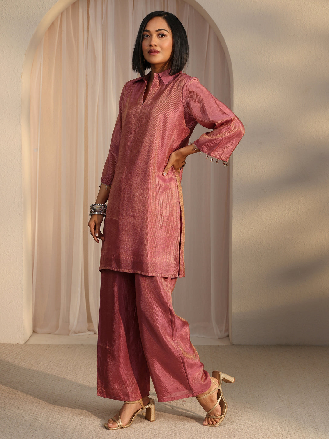  Libas Mauve Floral Embellished Tissue Bib Style Co-Ord Set 