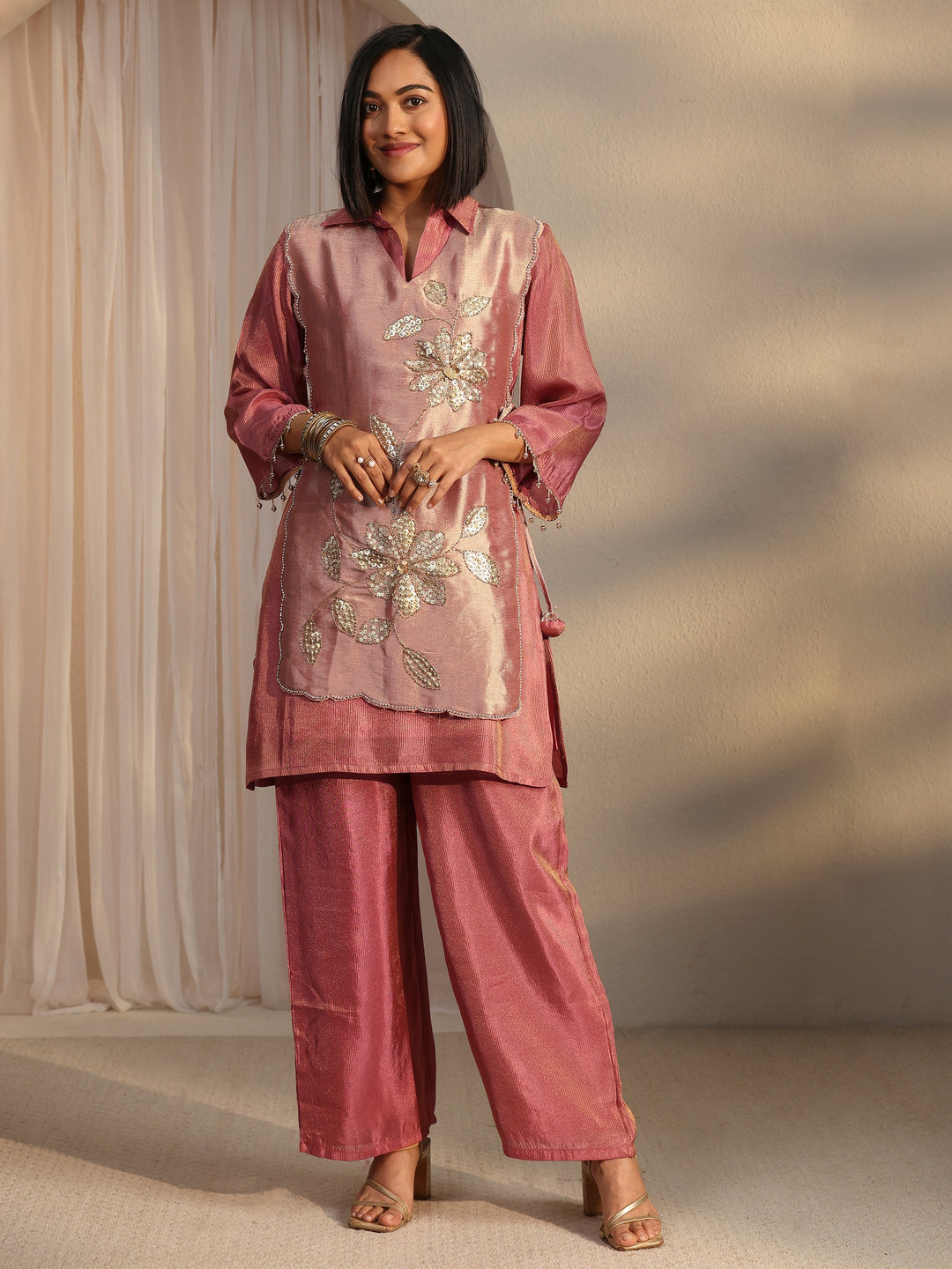  Libas Mauve Floral Embellished Tissue Bib Style Co-Ord Set 