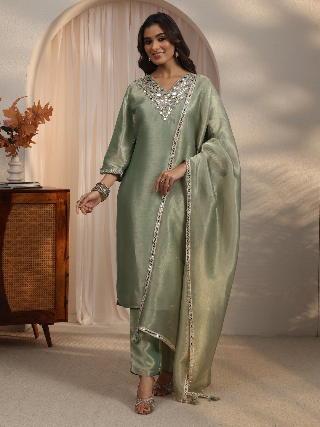  Libas Green Mirror Work Embellished Tissue Straight Suit Set 