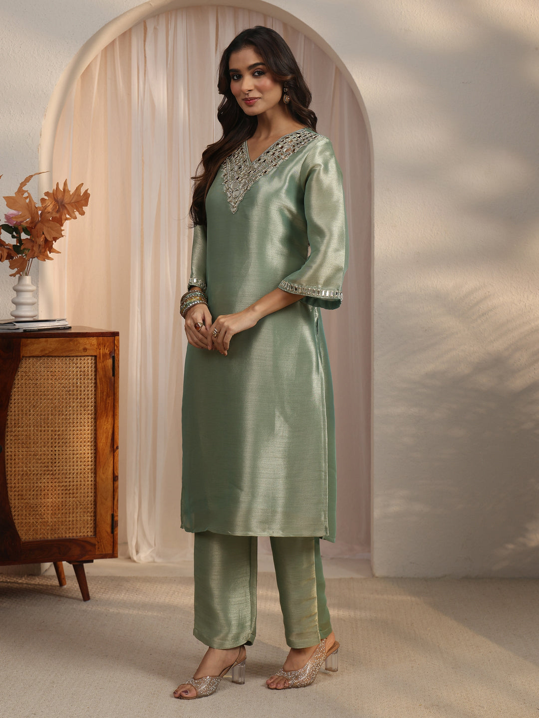  Libas Green Mirror Work Embellished Tissue Straight Suit Set 