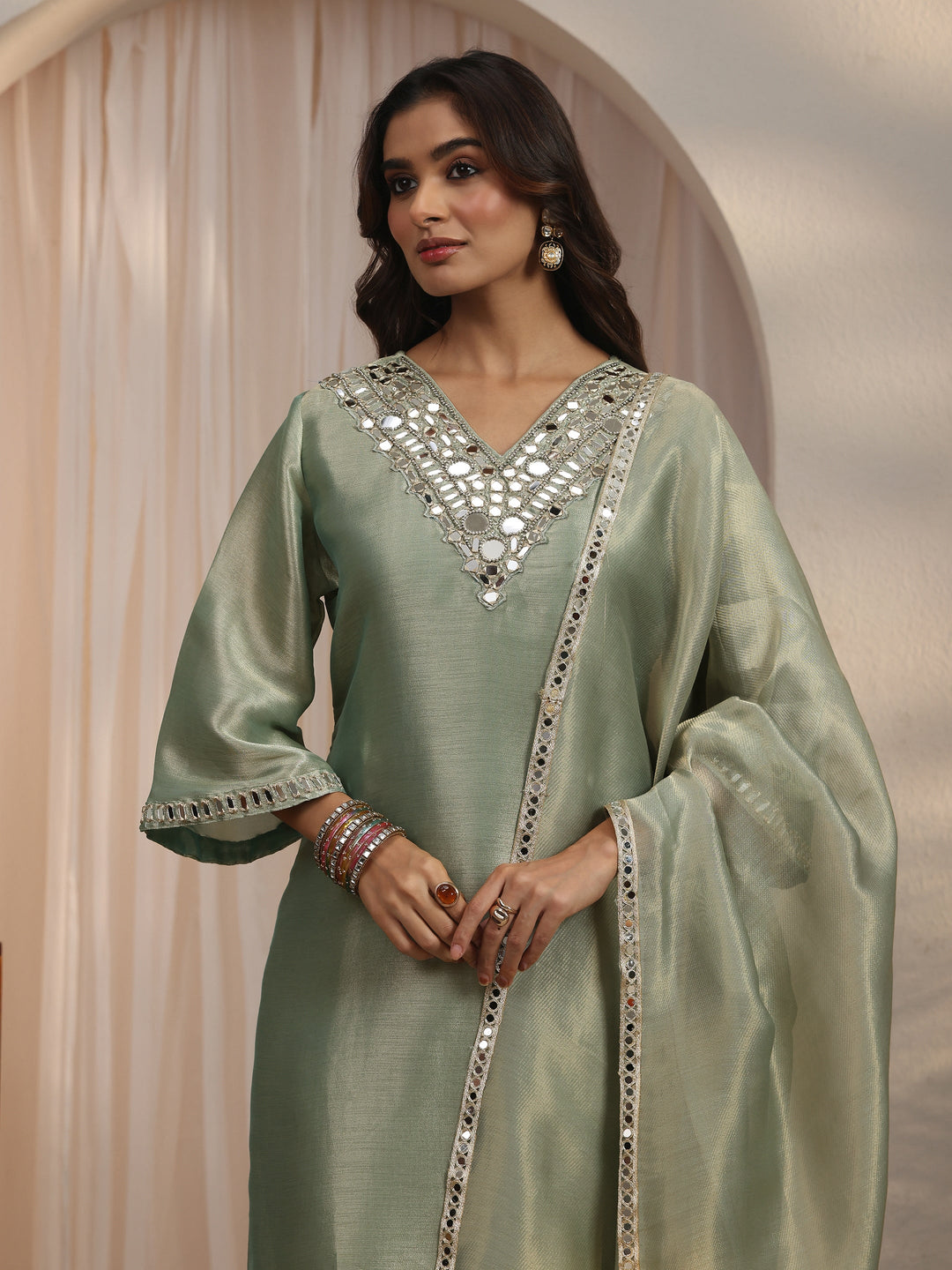  Libas Green Mirror Work Embellished Tissue Straight Suit Set 