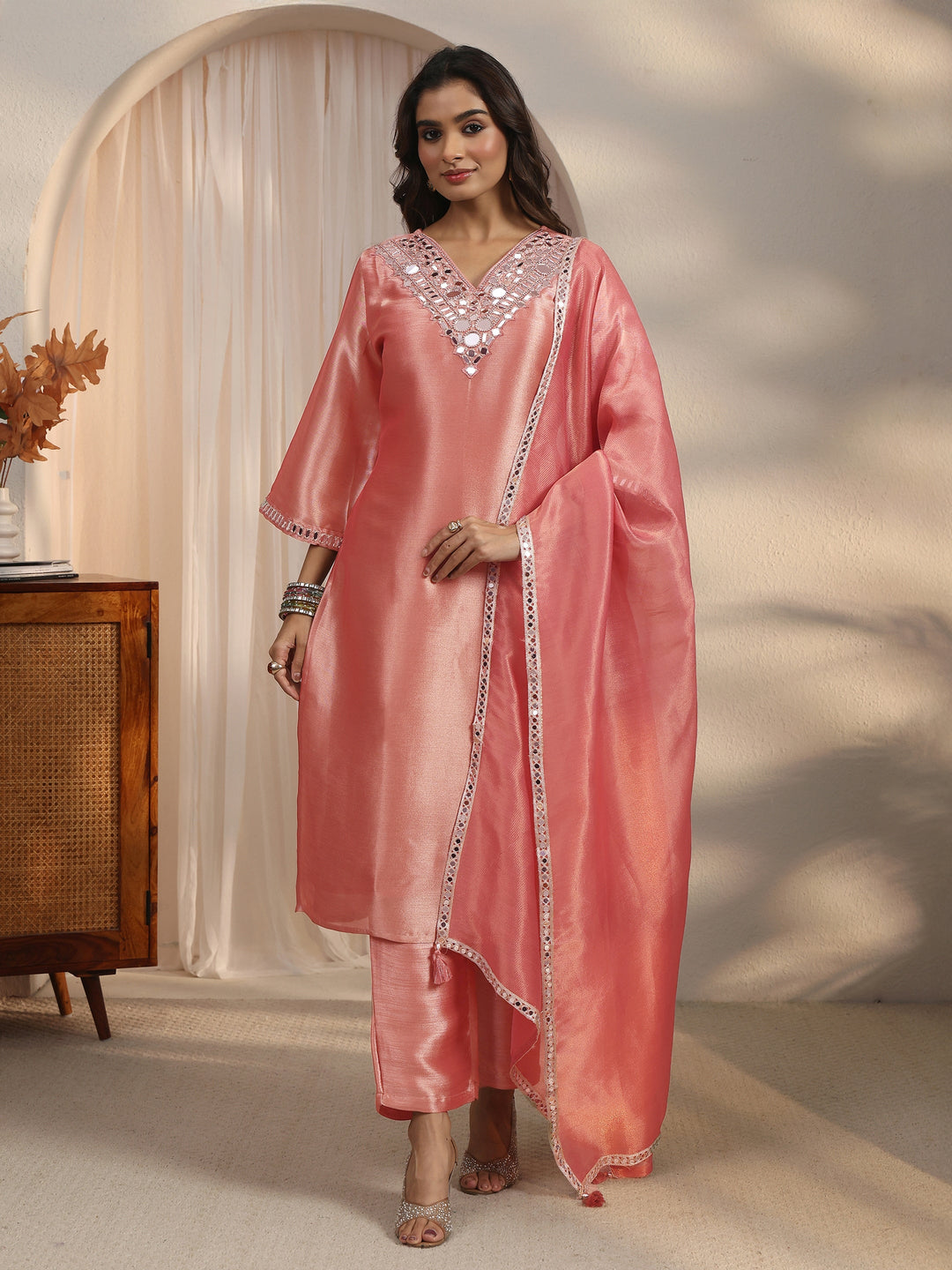  Libas Pink Mirror Work Embellished Tissue Straight Suit Set 