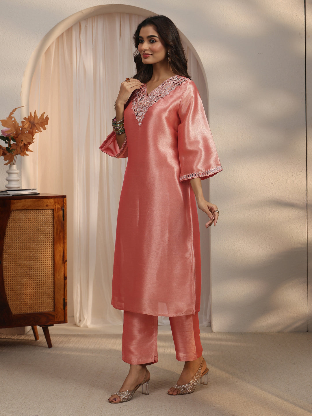  Libas Pink Mirror Work Embellished Tissue Straight Suit Set 