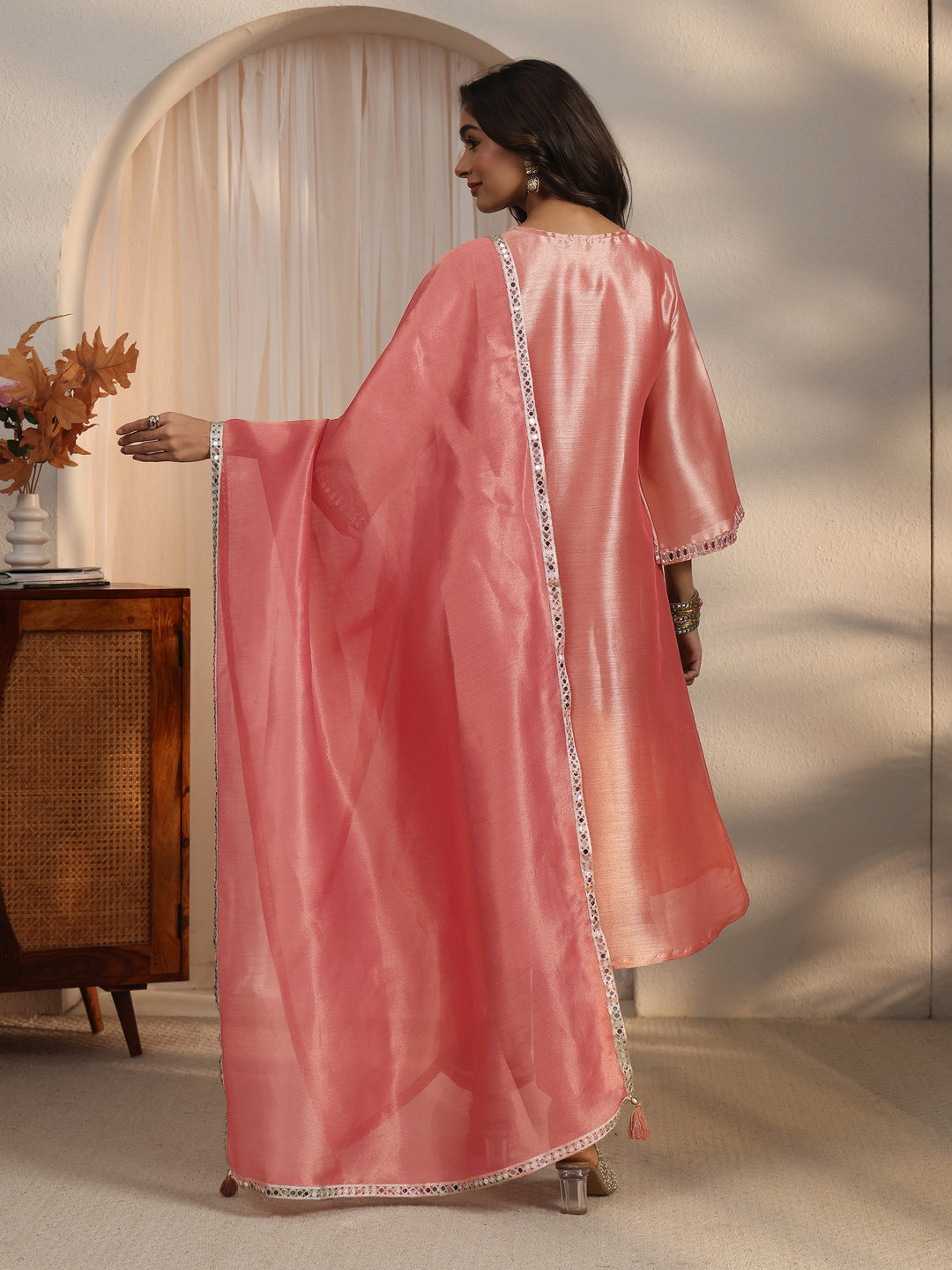  Libas Pink Mirror Work Embellished Tissue Straight Suit Set 