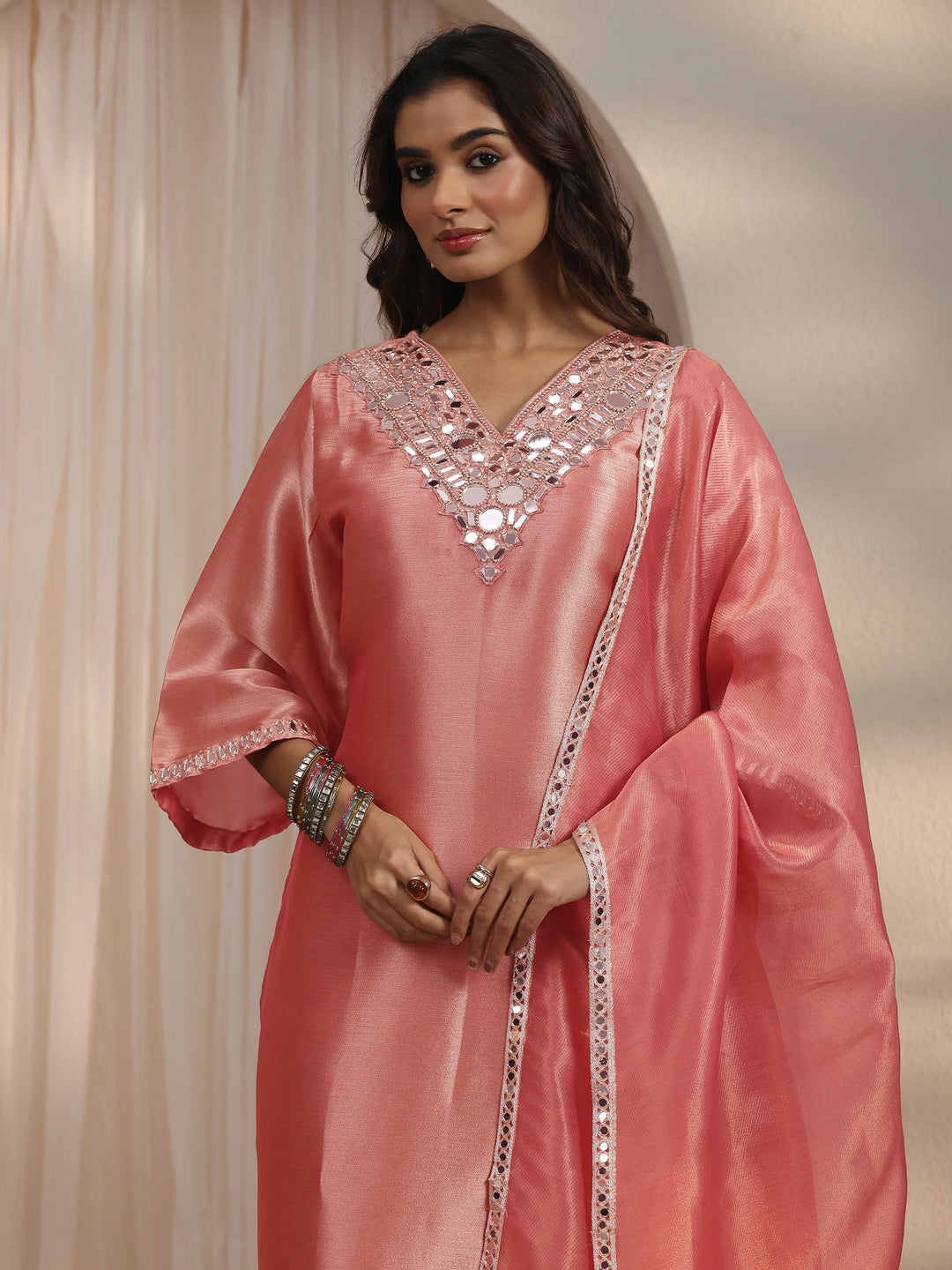  Libas Pink Mirror Work Embellished Tissue Straight Suit Set 