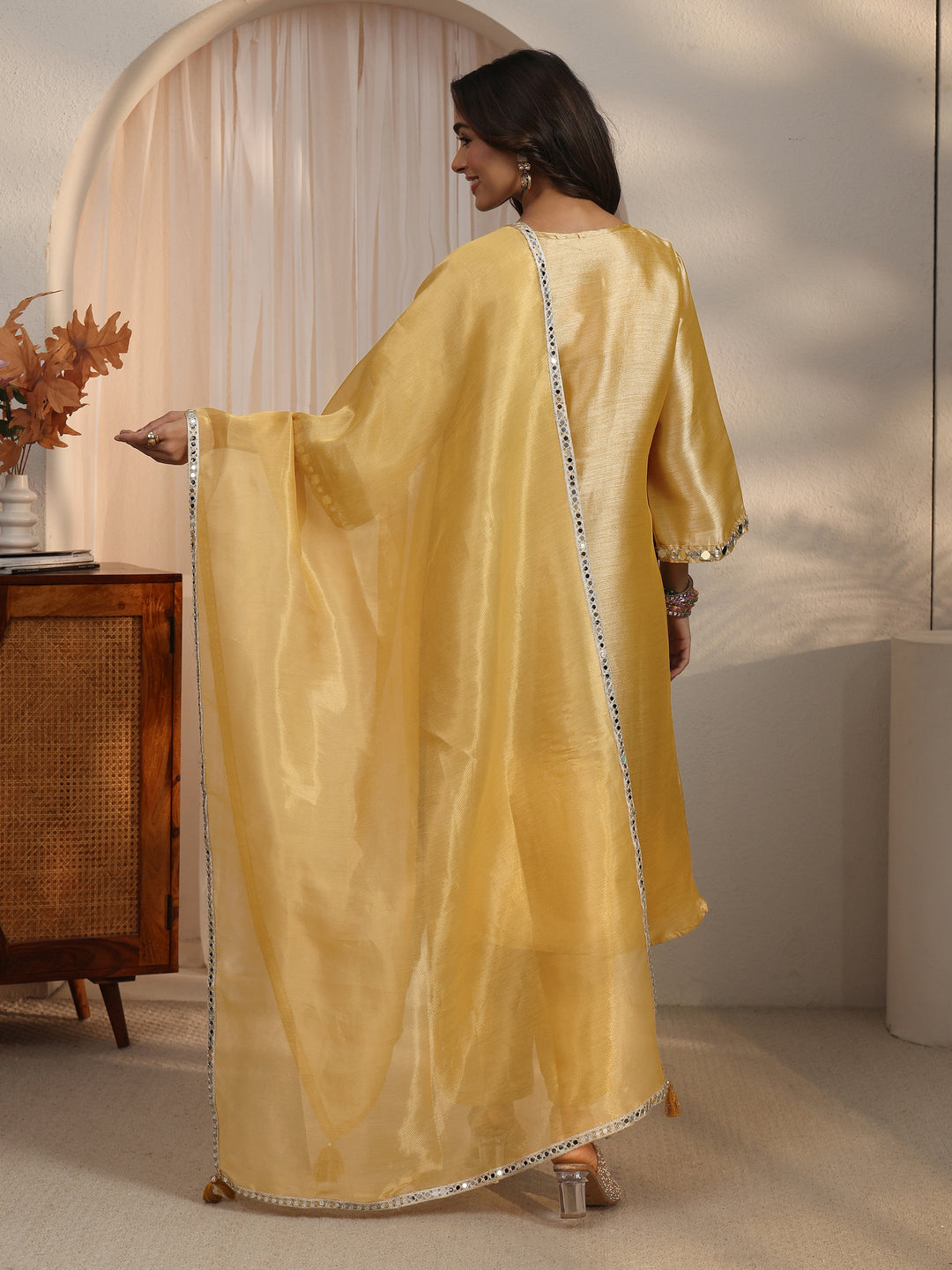  Libas Mustard Mirror Work Embellished Tissue Straight Suit Set 
