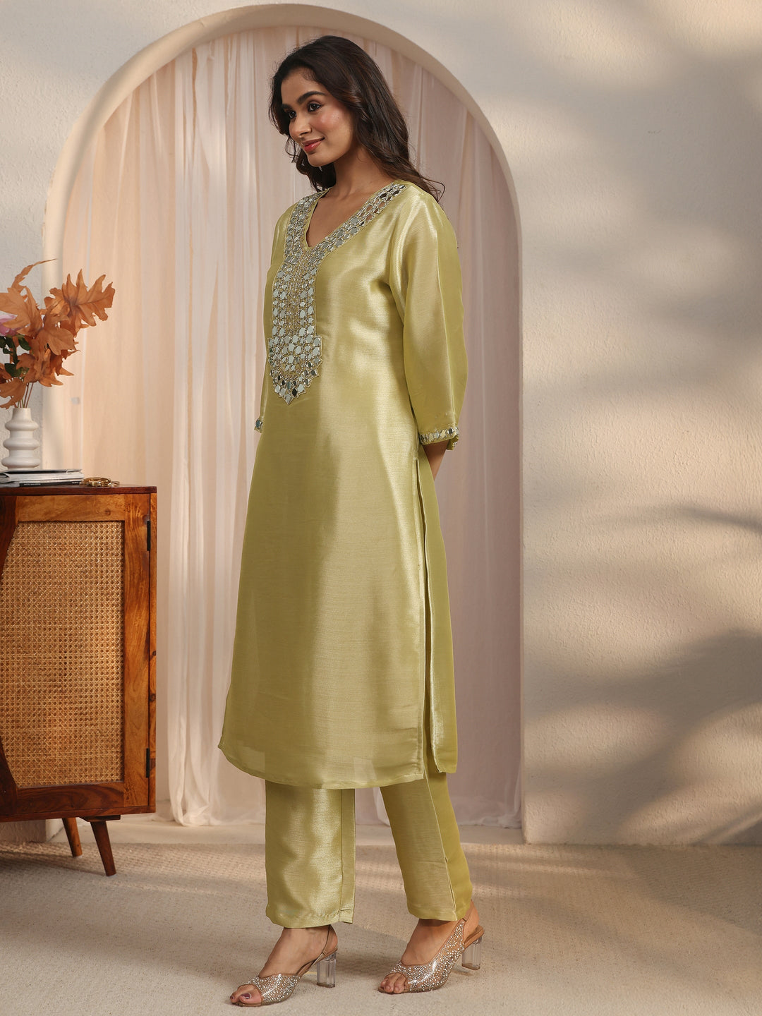  Libas Green Mirror Work Embellished Tissue Straight Suit Set 