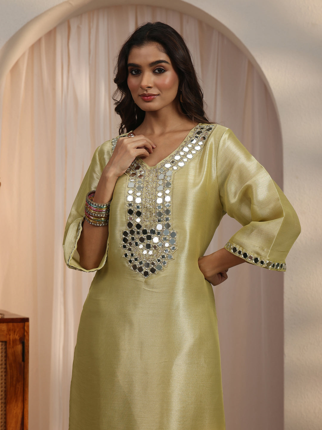  Libas Green Mirror Work Embellished Tissue Straight Suit Set 