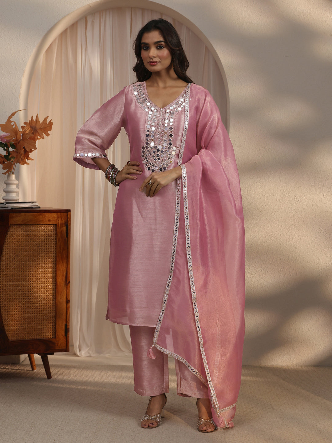  Libas Mauve Mirror Work Embellished Tissue Straight Suit Set 