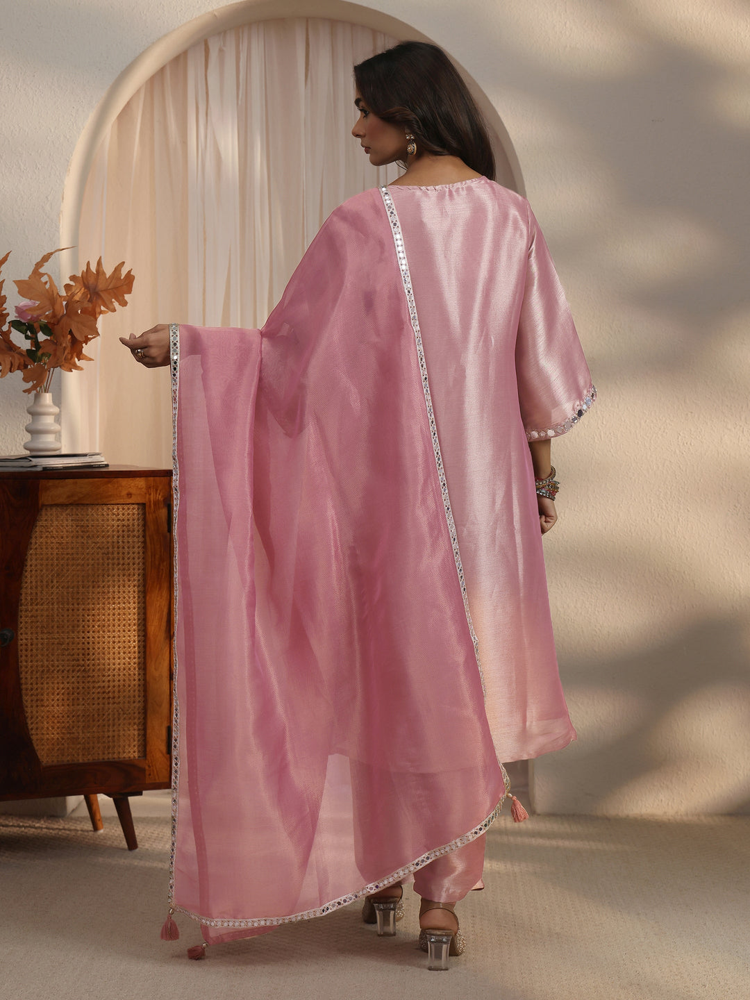  Libas Mauve Mirror Work Embellished Tissue Straight Suit Set 
