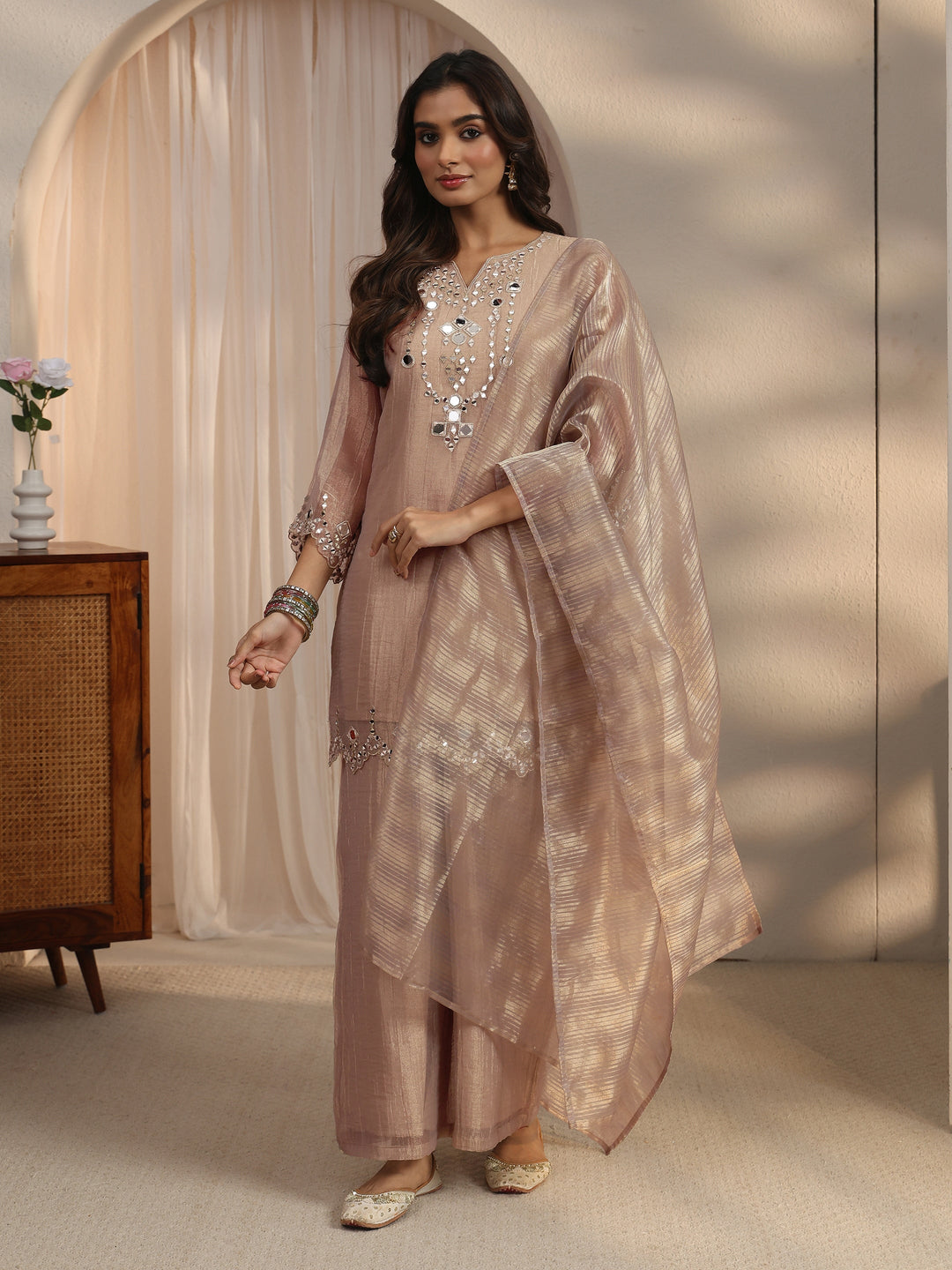  Libas Beige Mirror Work Embellished Tissue Palazzo Suit Set 