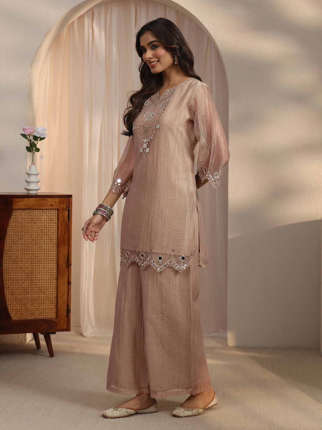  Libas Beige Mirror Work Embellished Tissue Palazzo Suit Set 