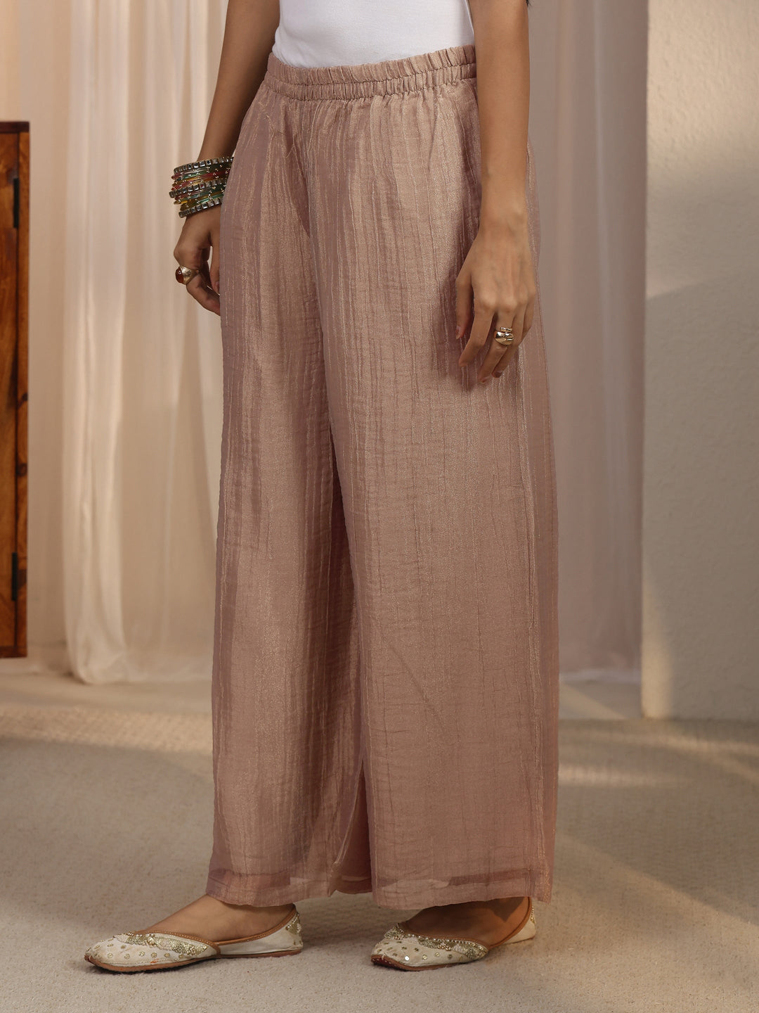  Libas Beige Mirror Work Embellished Tissue Palazzo Suit Set 