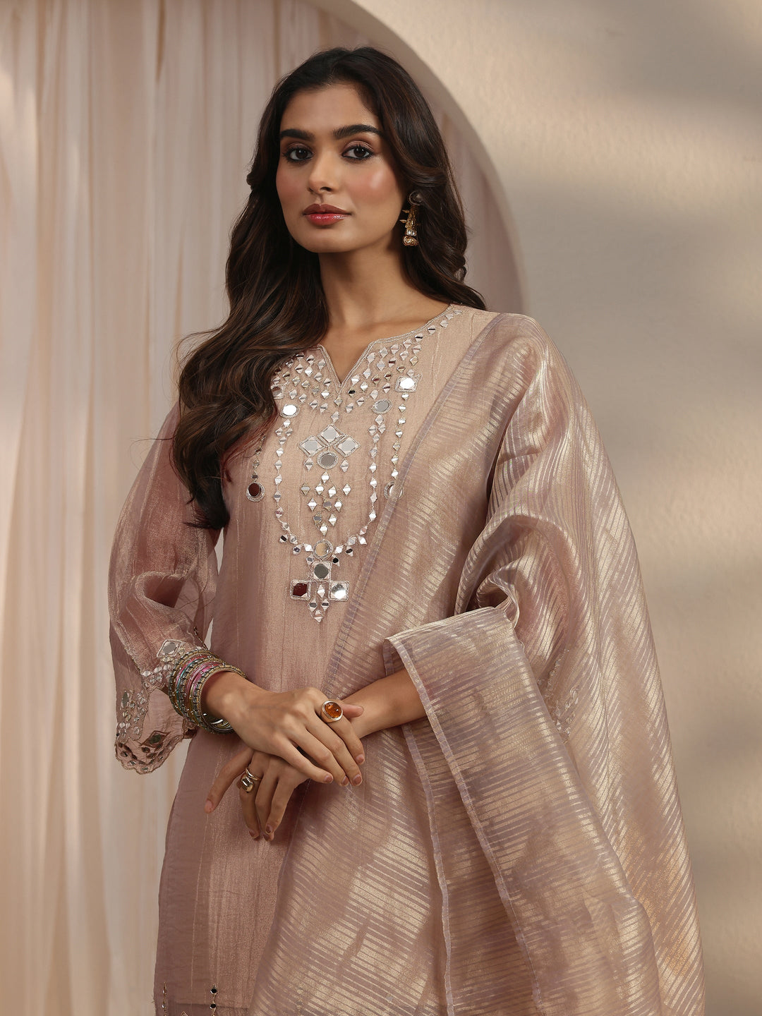  Libas Beige Mirror Work Embellished Tissue Palazzo Suit Set 