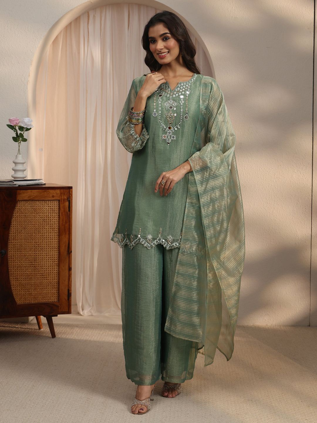  Libas Green Mirror Work Embellished Tissue Palazzo Suit Set 
