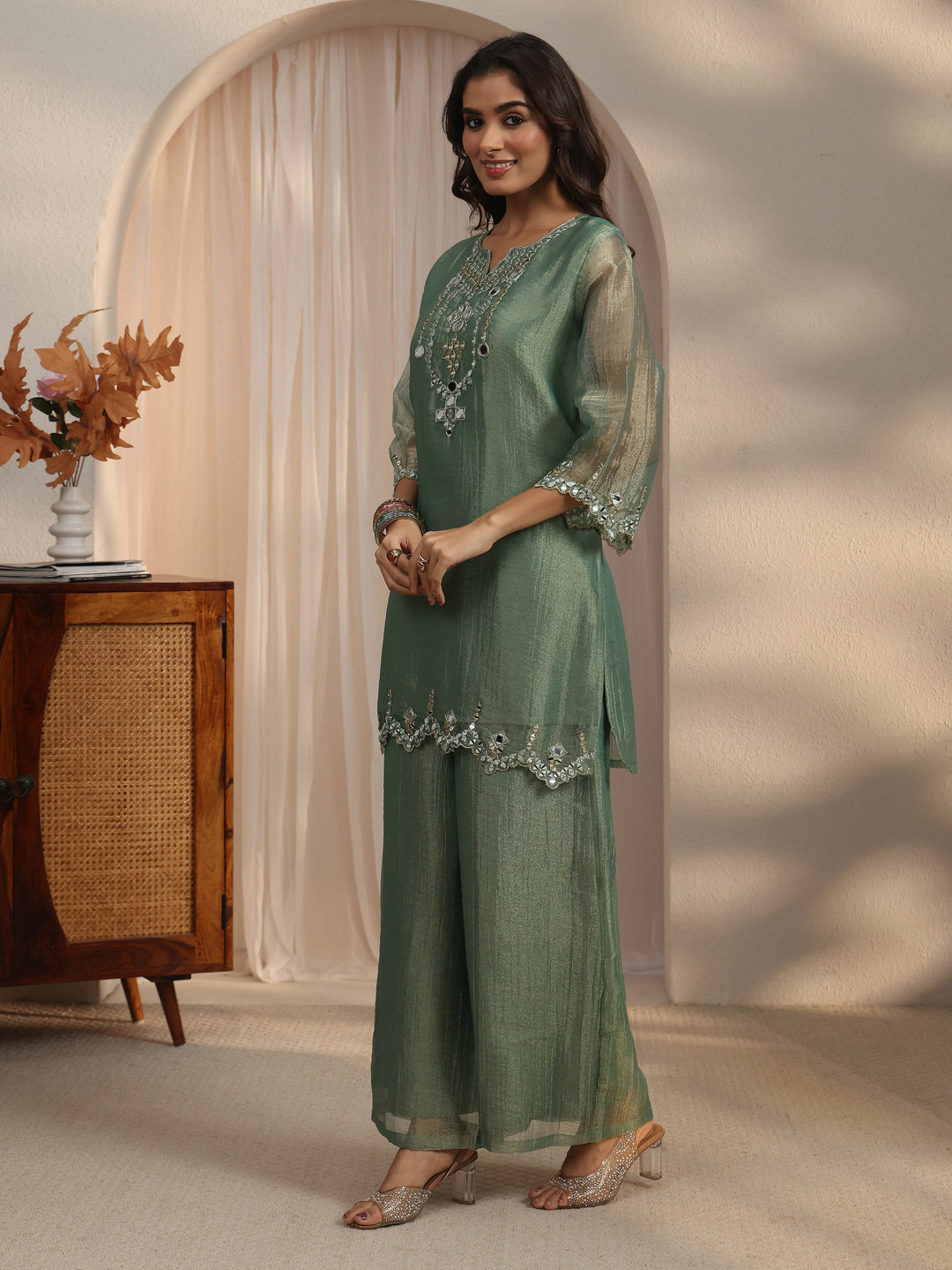  Libas Green Mirror Work Embellished Tissue Palazzo Suit Set 