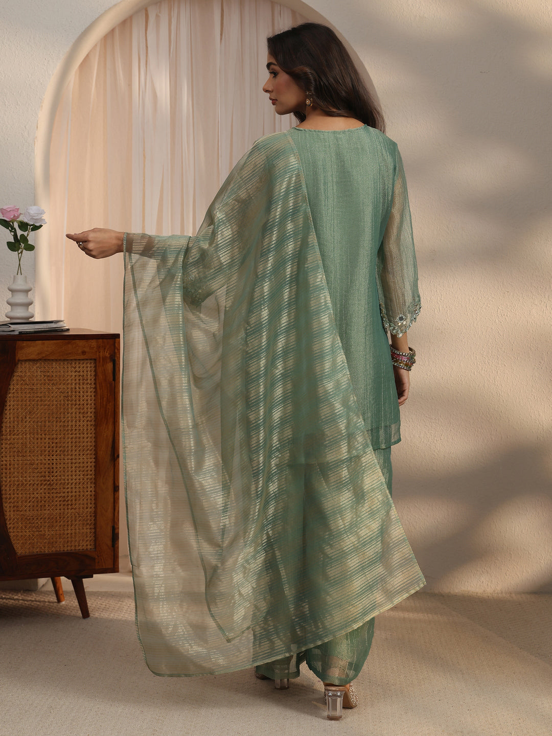  Libas Green Mirror Work Embellished Tissue Palazzo Suit Set 