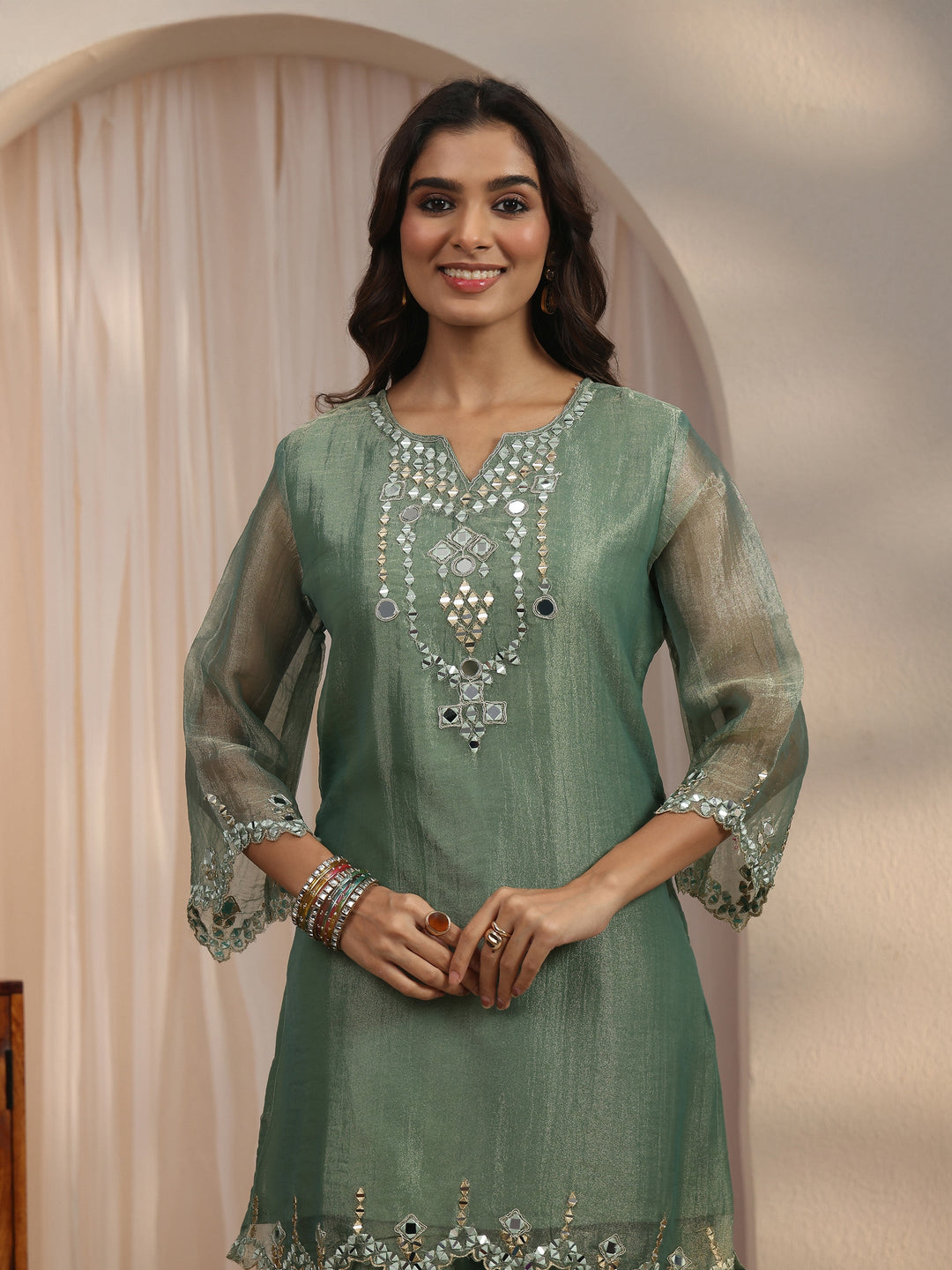  Libas Green Mirror Work Embellished Tissue Palazzo Suit Set 