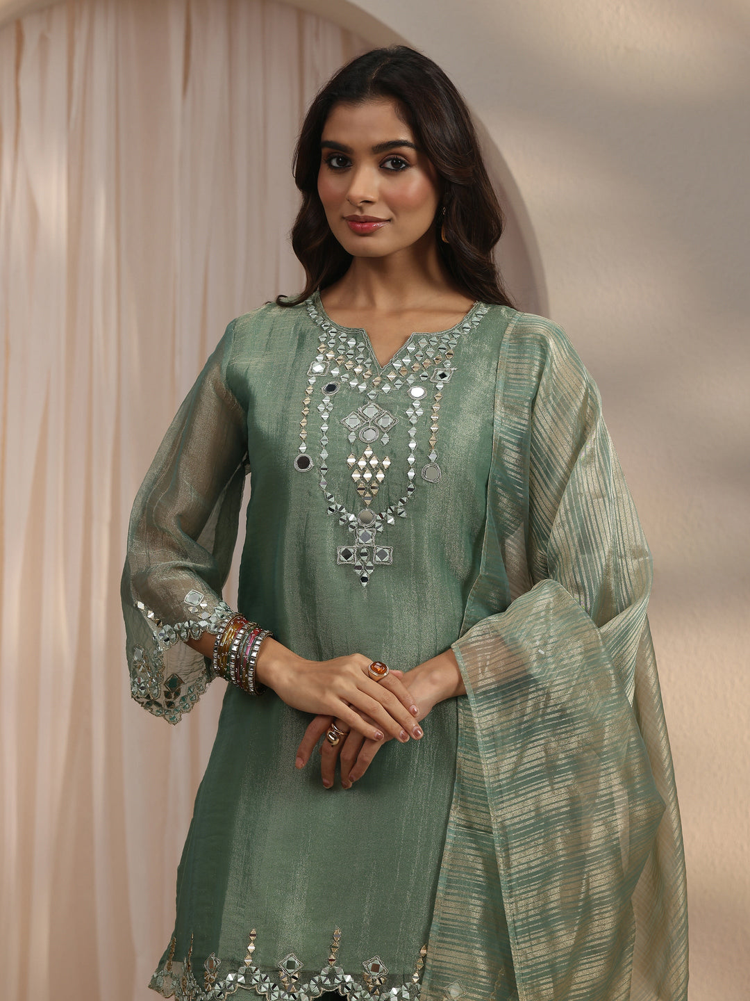  Libas Green Mirror Work Embellished Tissue Palazzo Suit Set 