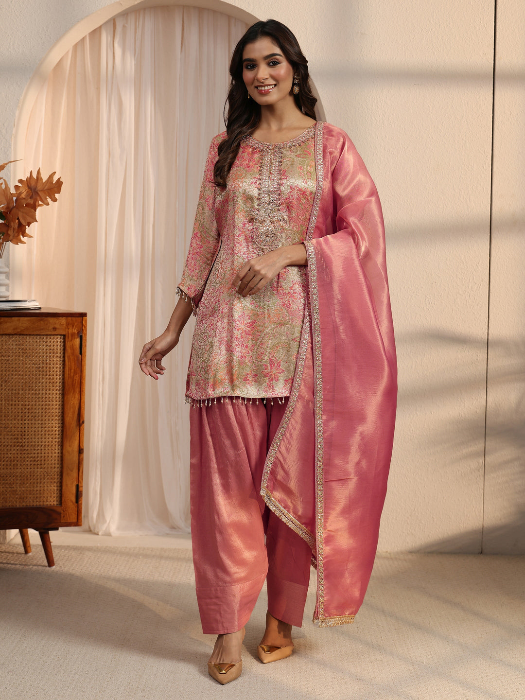  Libas Pink Floral Woven Design Silk Blend Farshi Salwar Suit 