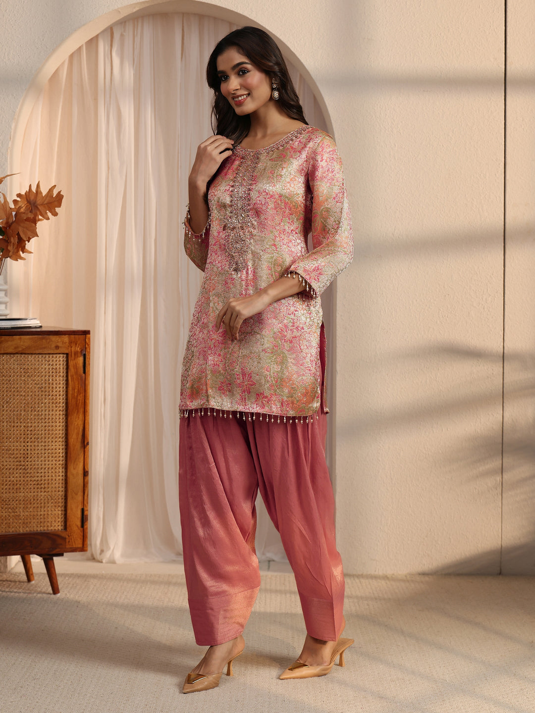  Libas Pink Floral Woven Design Silk Blend Farshi Salwar Suit 