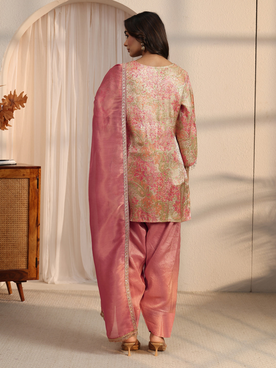  Libas Pink Floral Woven Design Silk Blend Farshi Salwar Suit 