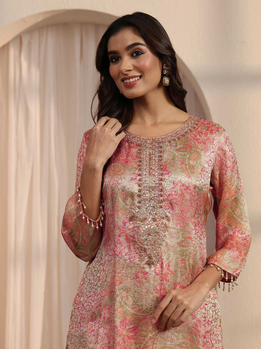  Libas Pink Floral Woven Design Silk Blend Farshi Salwar Suit 