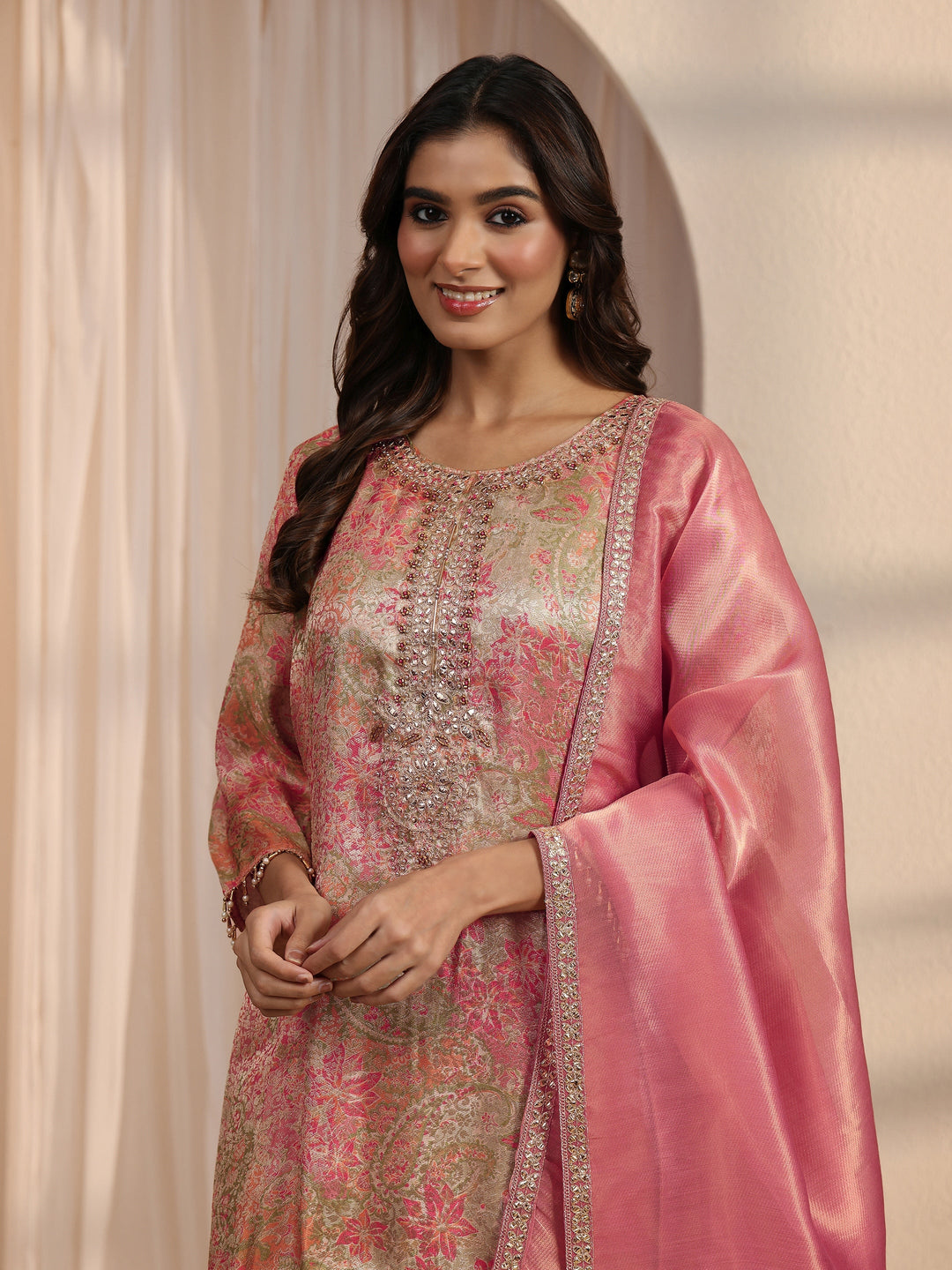  Libas Pink Floral Woven Design Silk Blend Farshi Salwar Suit 