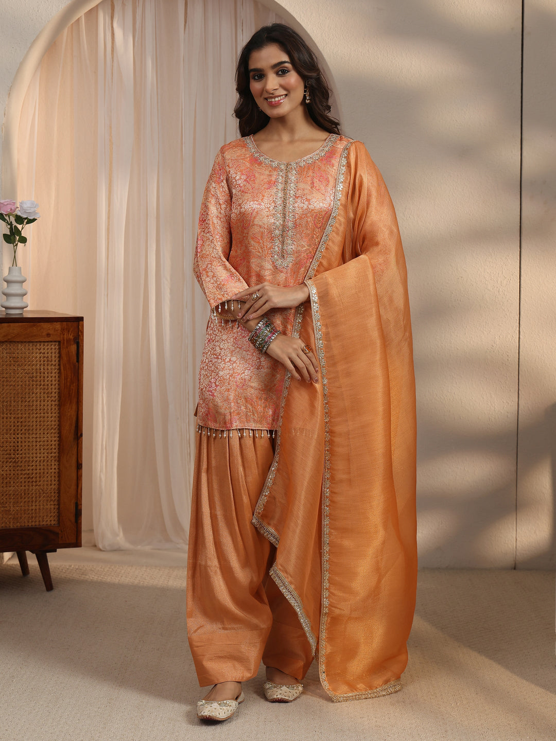  Libas Orange Floral Woven Design Silk Blend Farshi Salwar Suit 
