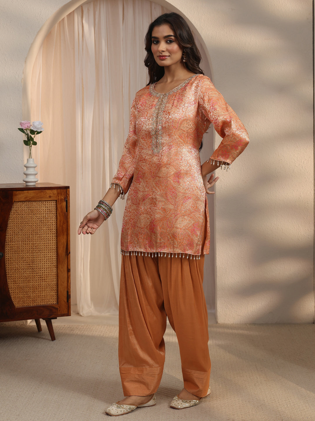  Libas Orange Floral Woven Design Silk Blend Farshi Salwar Suit 