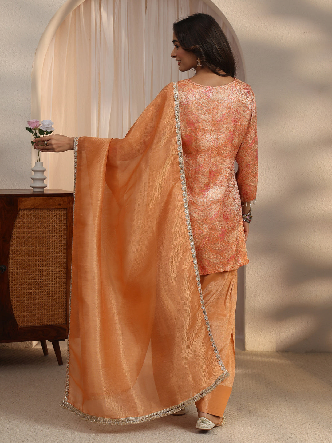  Libas Orange Floral Woven Design Silk Blend Farshi Salwar Suit 