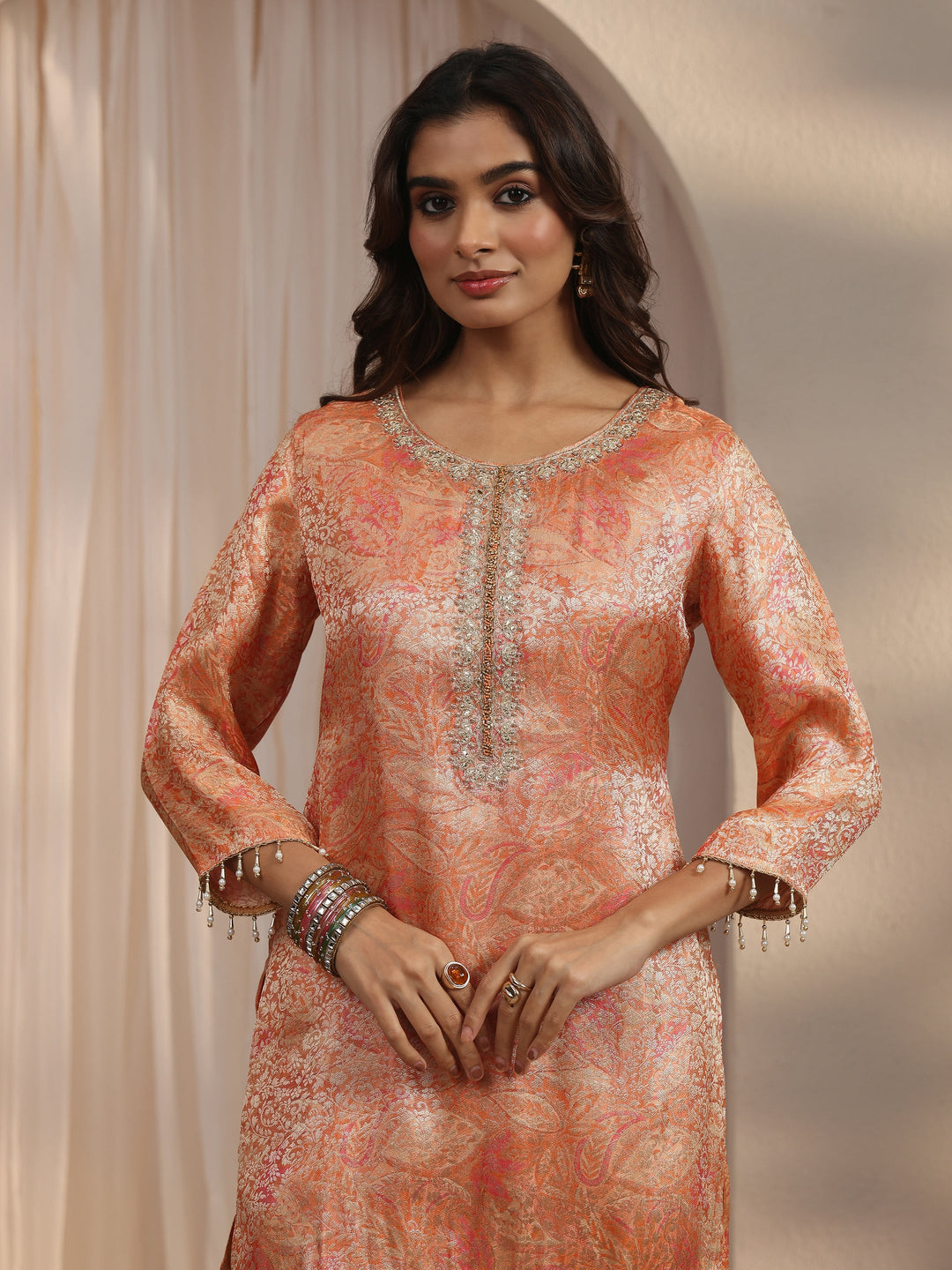  Libas Orange Floral Woven Design Silk Blend Farshi Salwar Suit 