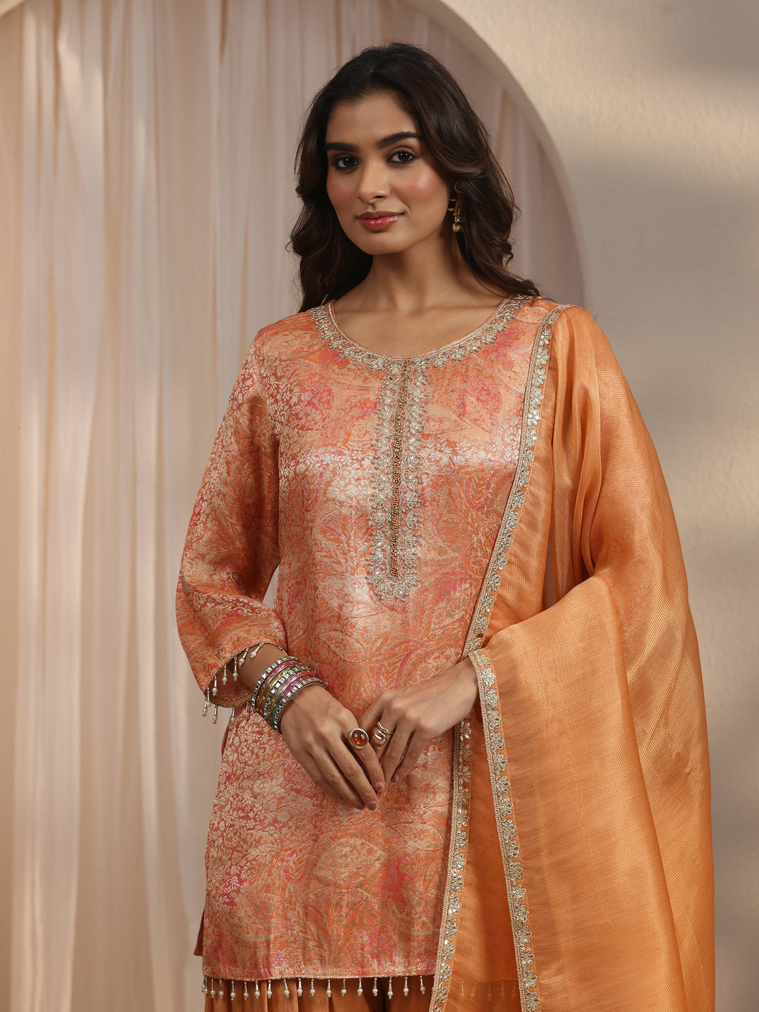  Libas Orange Floral Woven Design Silk Blend Farshi Salwar Suit 