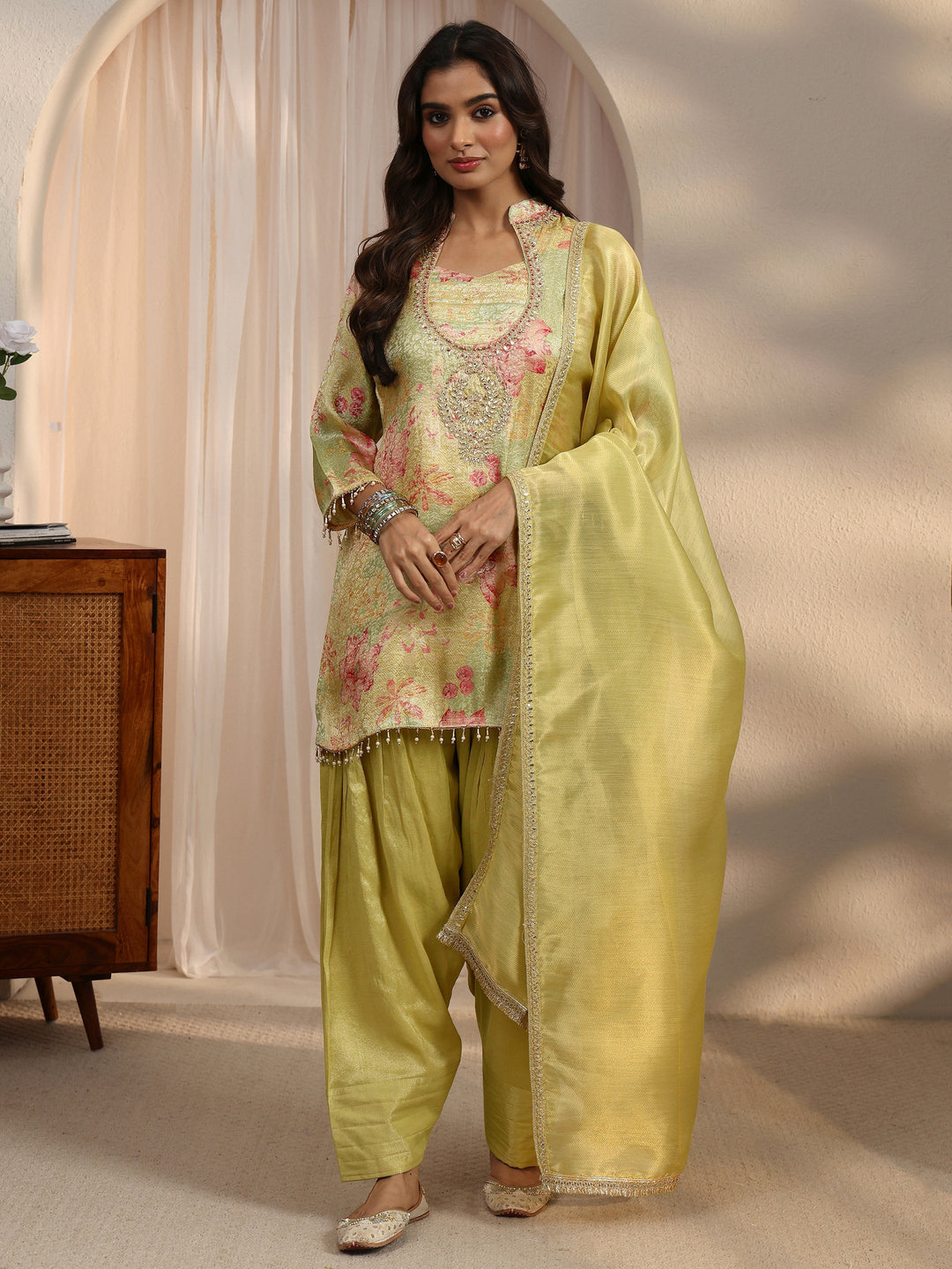  Libas Green Floral Woven Design Silk Blend Farshi Salwar Suit 
