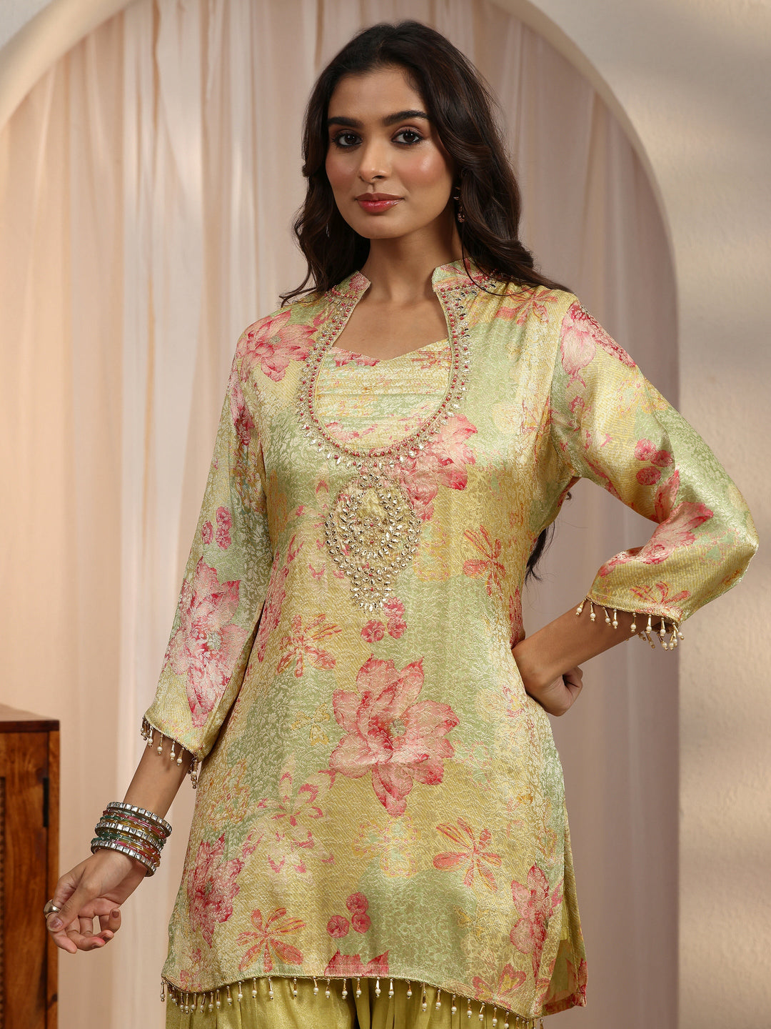  Libas Green Floral Woven Design Silk Blend Farshi Salwar Suit 