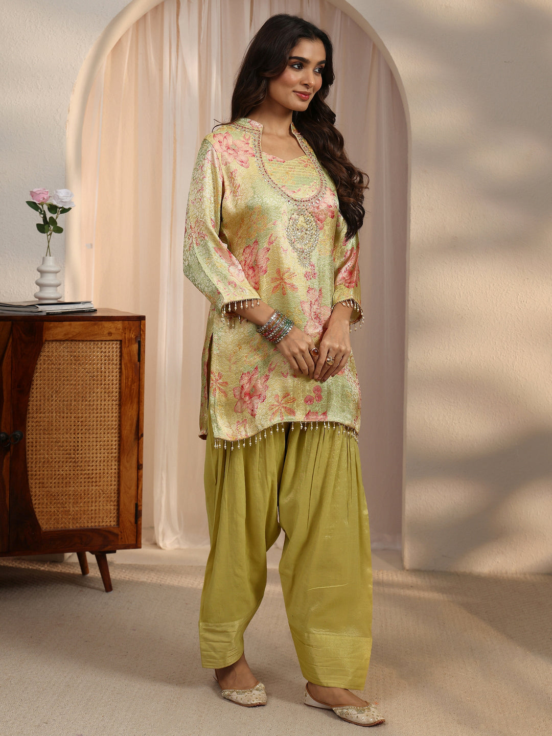  Libas Green Floral Woven Design Silk Blend Farshi Salwar Suit 