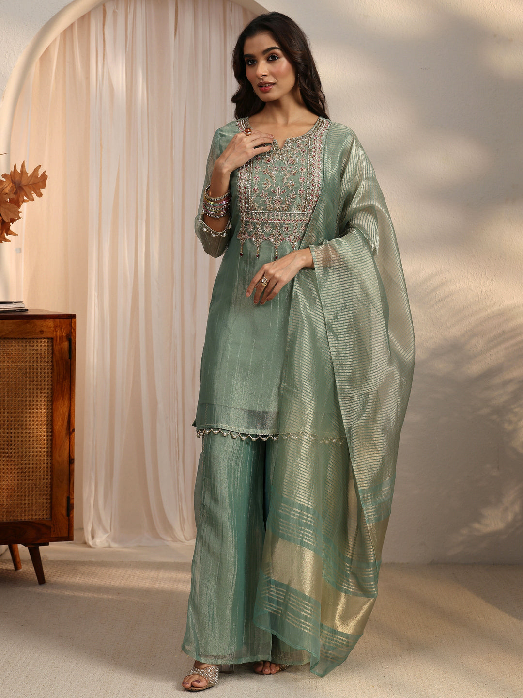  Libas Green Yoke Design Embellished Tissue Palazzo Suit Set 
