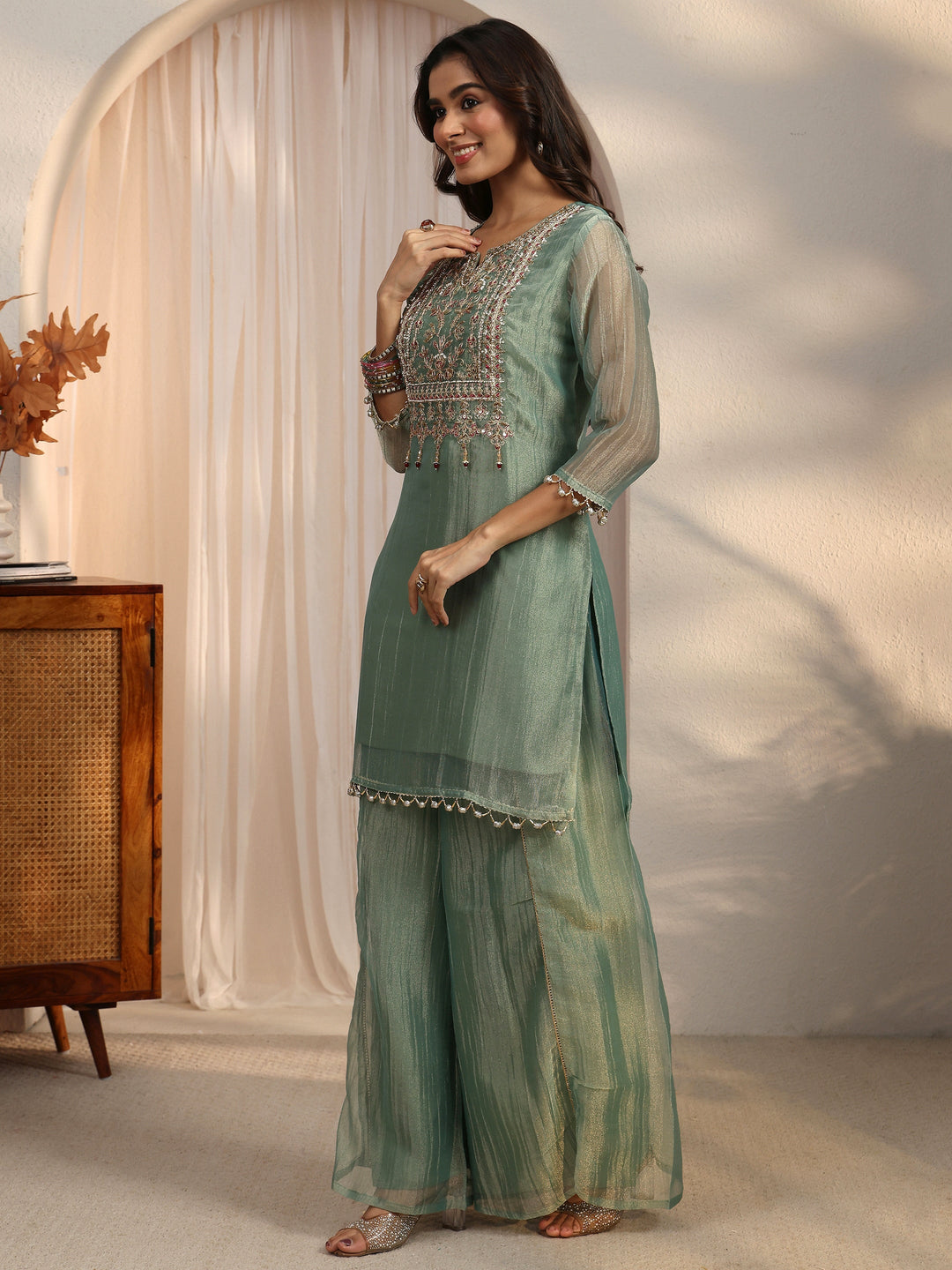 Libas Green Yoke Design Embellished Tissue Palazzo Suit Set 