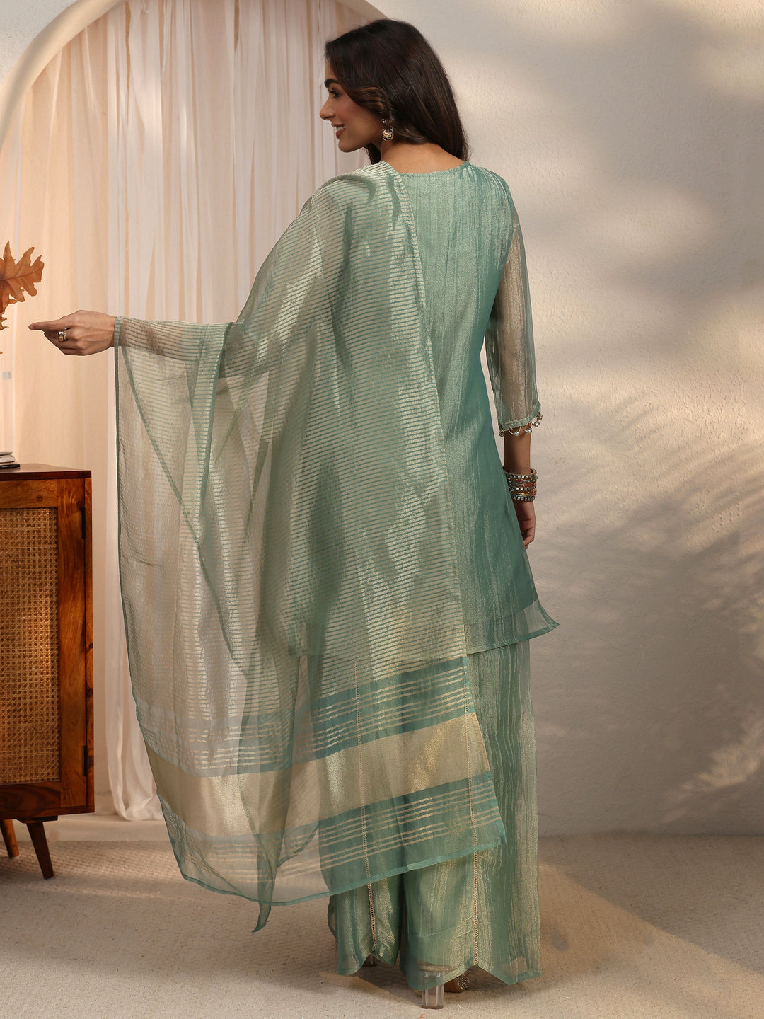  Libas Green Yoke Design Embellished Tissue Palazzo Suit Set 