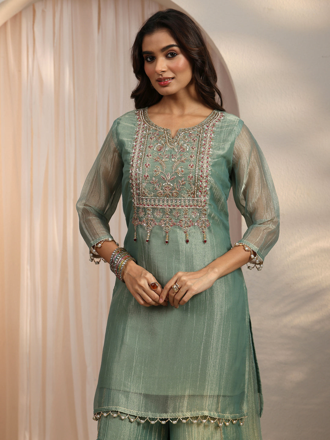  Libas Green Yoke Design Embellished Tissue Palazzo Suit Set 