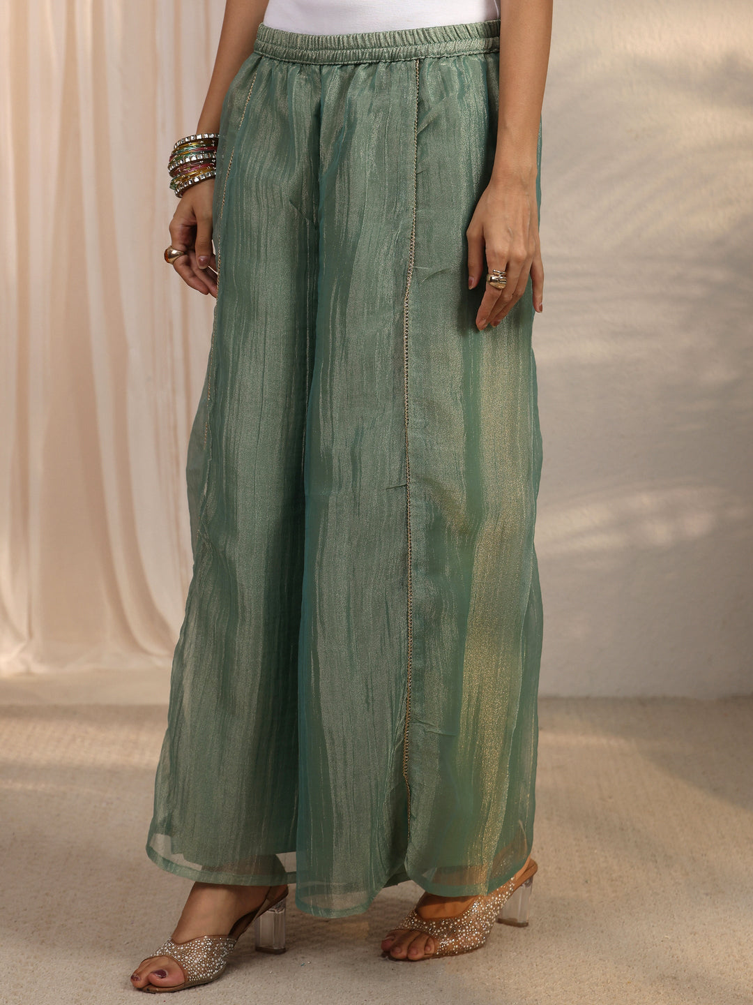  Libas Green Yoke Design Embellished Tissue Palazzo Suit Set 
