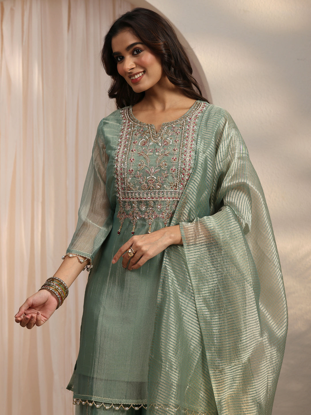  Libas Green Yoke Design Embellished Tissue Palazzo Suit Set 
