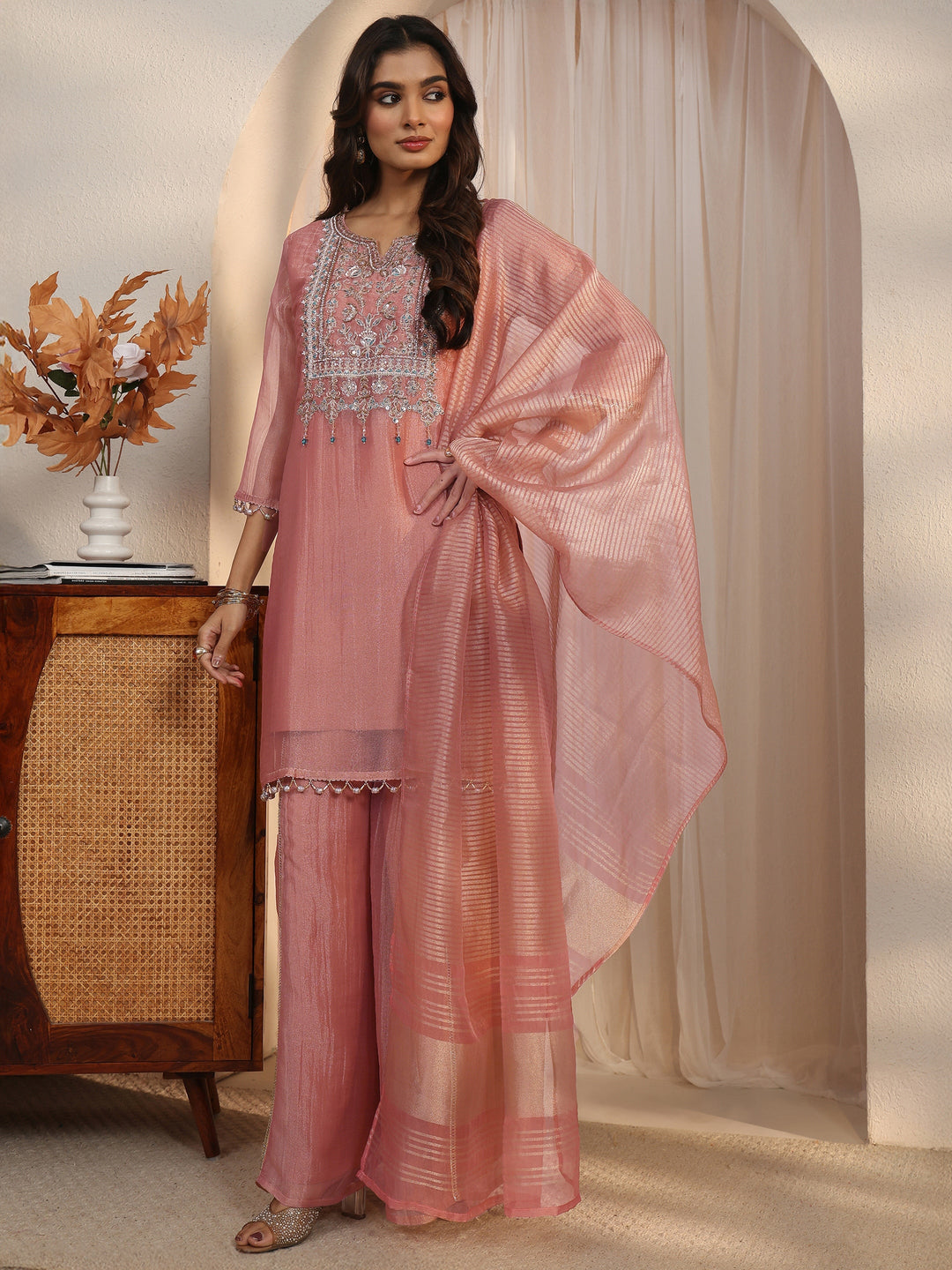  Libas Mauve Yoke Design Embellished Tissue Palazzo Suit Set 